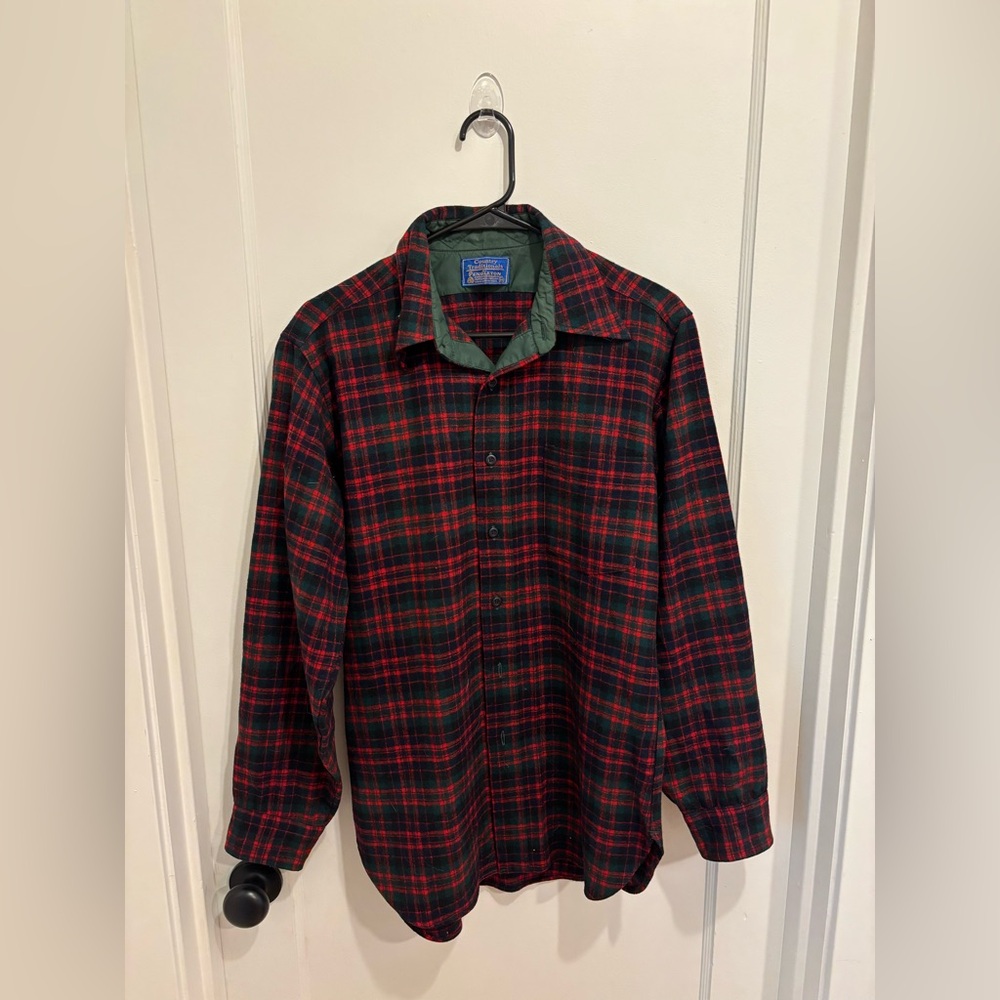 Pendleton Virgin Wool Red and Green Checkered Button Up Shirt, Medium